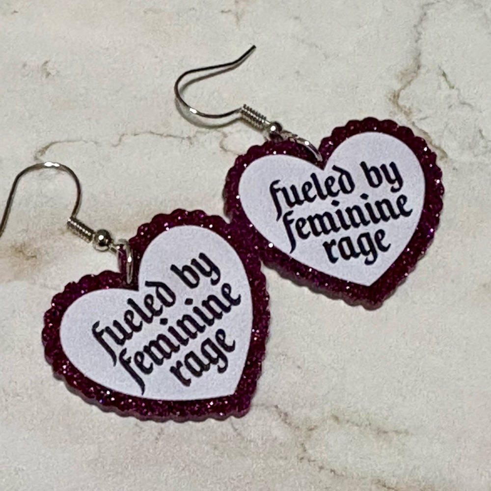 Fueled by Feminine Rage Heart Earrings Glitter Statement Earrings